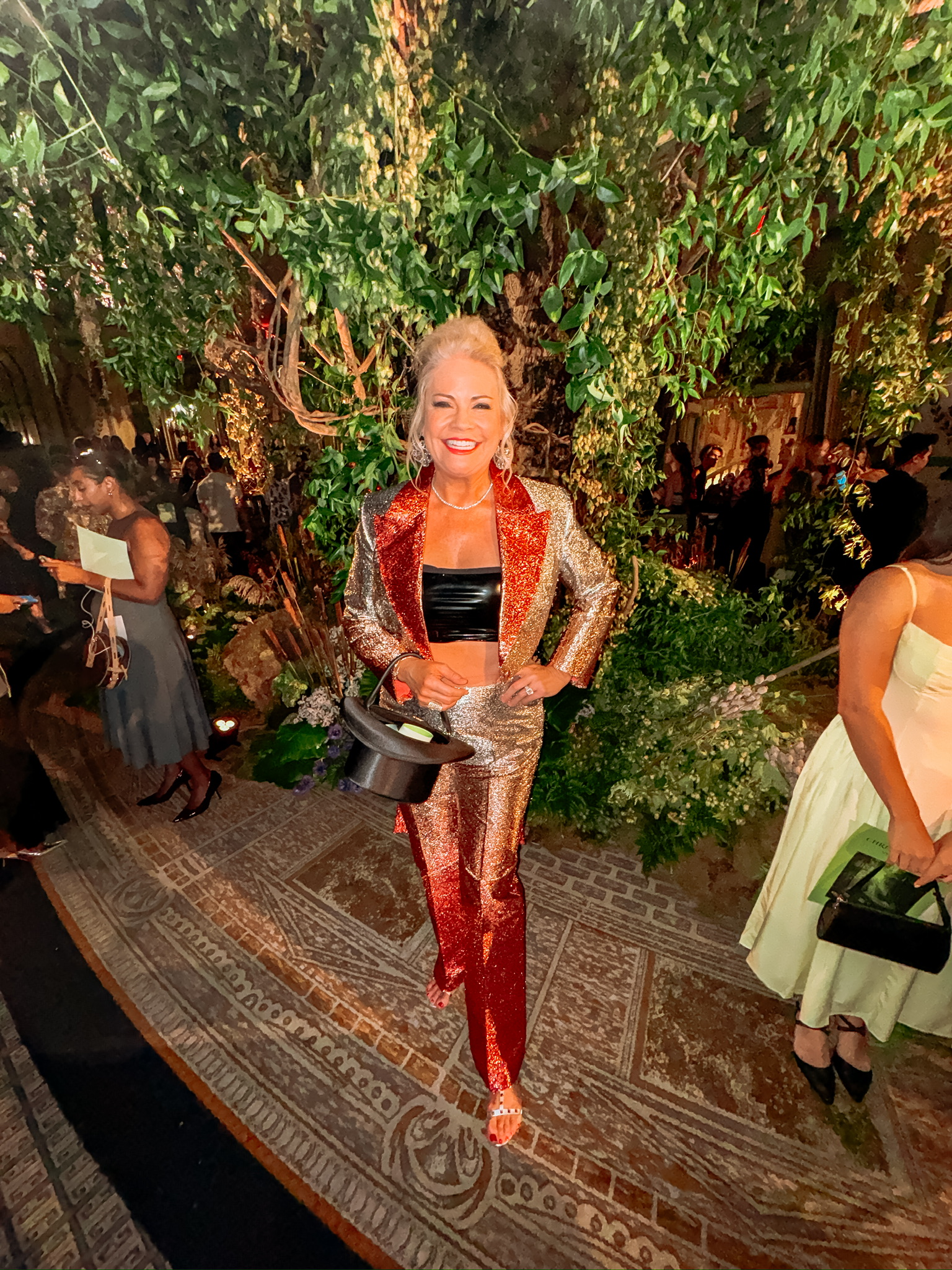 my new york fashion week experience, amy wearing sequence   pant suit with top hat handbag