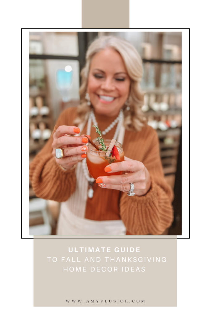 Ultimate Guide to Fall and Thanksgiving Home Decor Ideas | thanksgiving decor, thanksgiving dinner, tableware, glassware, women's fashion, fall fashion, Amy drinking a fall inspired cocktail